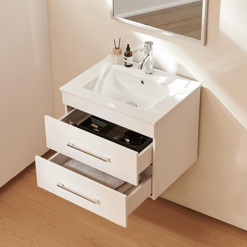 24-Inch Wall-Mounted Bathroom Vanity with Double Drawers, Soft-Close System,White Ceramic Sink, Antique White, Silver, 24"