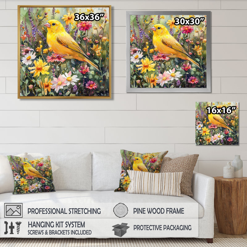 Oiseau pinson dans les fleurs sauvages II - Art mural oiseau, Reproduction encadrée d'une seule photo, Noir, noir, noir, noir