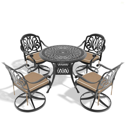 Ensemble de salle à manger 5 pièces en aluminium coulé résistant aux intempéries, comprenant 4 chaises pivotantes et une table ronde de 35,43 po avec structure noire