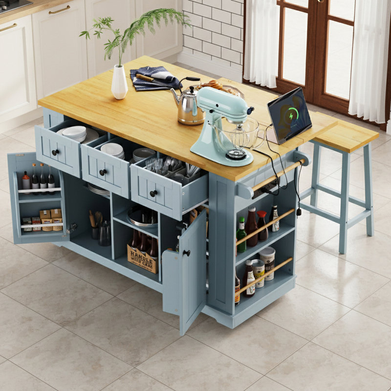 Open Side Racks Kitchen Island With Drop Leaf And Power Outlet, Gray Blue