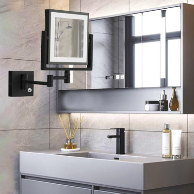 Square Wall Mount Makeup Mirror With Light & 3X Magnification, Double Sided Bathroom Magnifying Mirror With Extension Arm, SEALANT FIX, Matt Black, USB Charging