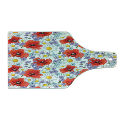 Ambesonne Colorful Tempered Glass Cutting Board Poppy and Daisy Flower Lavender Scarlet