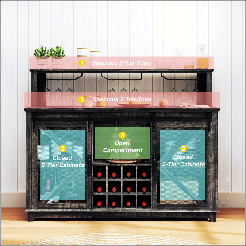 Armoire de bar à vin et à café avec éclairage à DEL, grand rangement et design rustique pour les maisons modernes