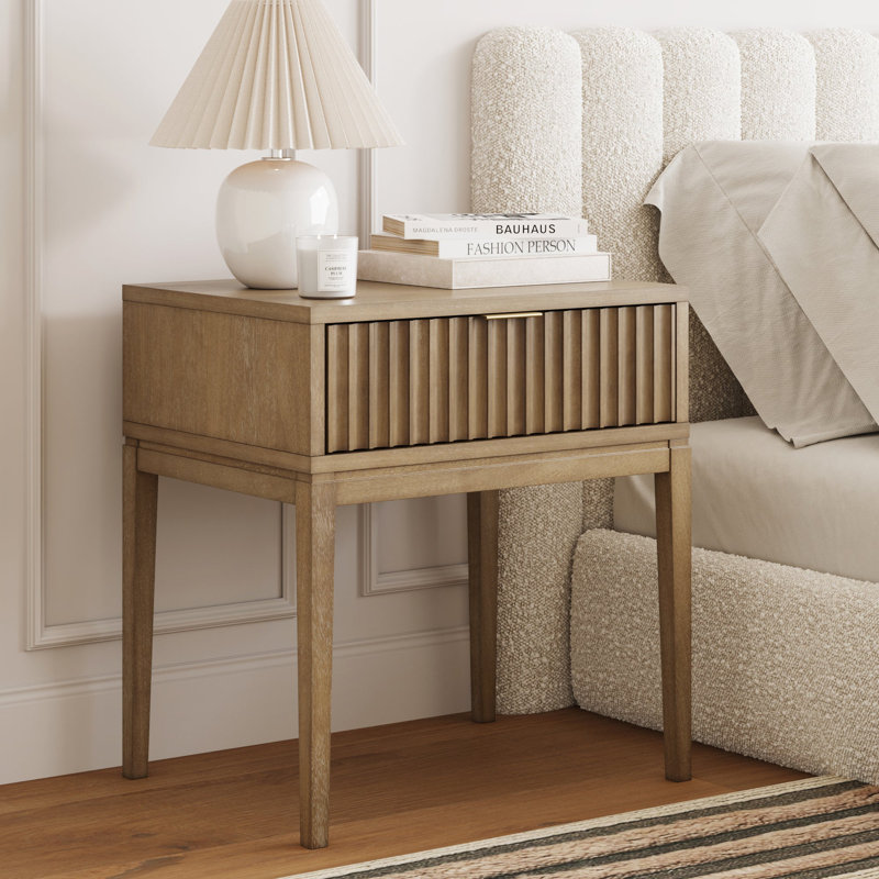 Carrera Fluted Wooden Nightstand with 1 Drawer, Light Brown