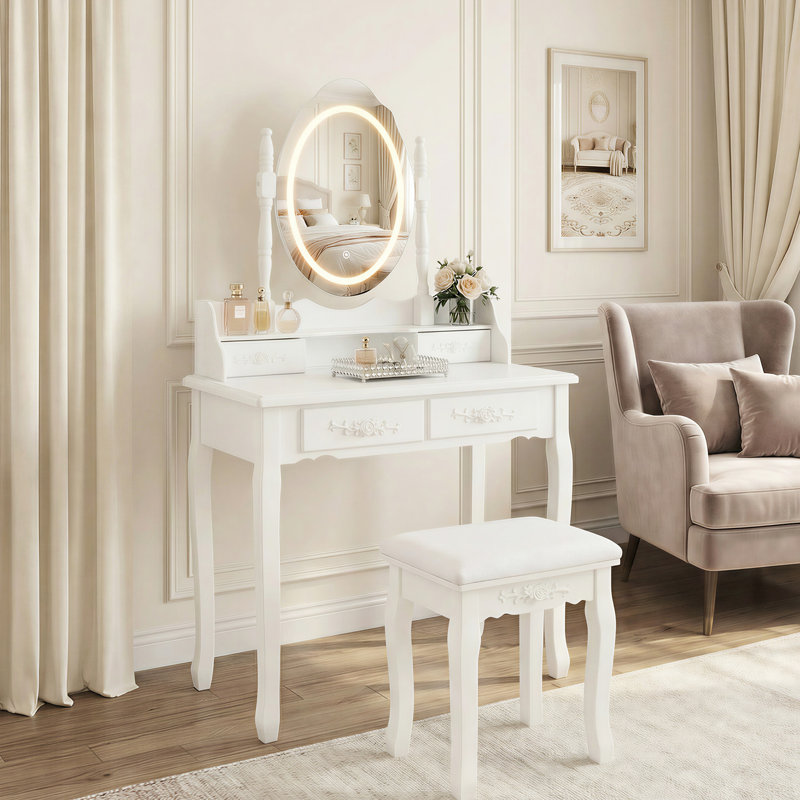 Coiffeuse avec miroir, tabouret rembourré, 4 tiroirs, éclairage DEL, grand espace de rangement, tabouret confortable, structure stable, montage facile, rangement généreux pour le maquillage, coussin, installation facile