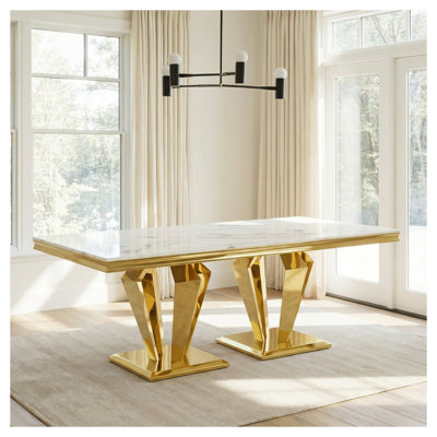 Table de salle à manger moderne à plateau en marbre pour panneau de fibres à densité moyenne blanc de 66,9 po avec base en diamant en acier inoxydable poli doré