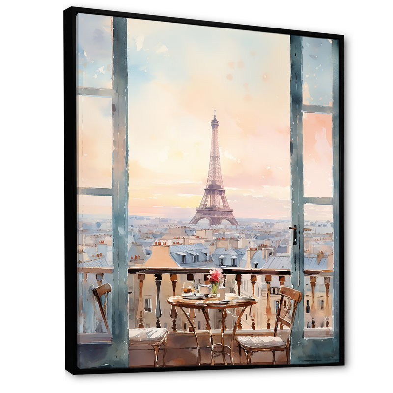 «Paris Winter Window View III - City Paris», art mural, Cadre flottant noir, H 32 po x l 24 po x P 1 po