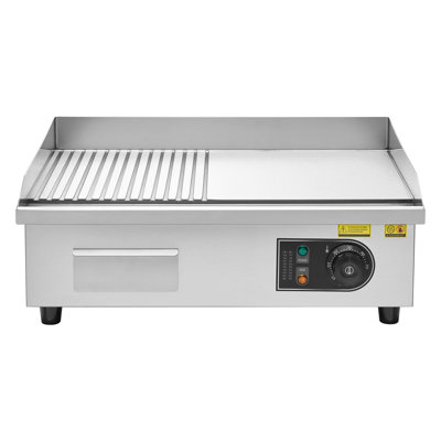 Commercial Electric Griddle, 21.06 x 11.81 inch, 1750W, 122-570°F Adjustable Temp Control, Stainless Steel Body, Half Grooved Half Flat, with 2 Spatulas, 2 Brushes, and 4 Foot Pads, for Steak