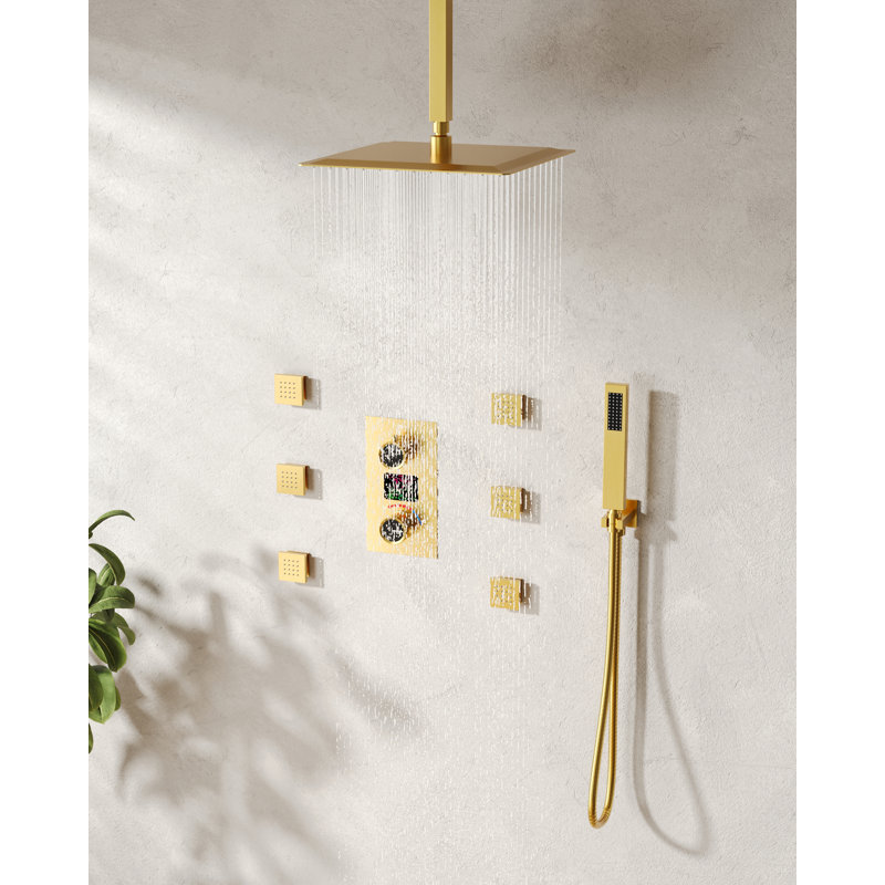 Digital Display Pressure‑Balanced Shower System, 12" Ceiling Mount Rainfall Shower Faucet with Handheld Spray, Brushed Gold
