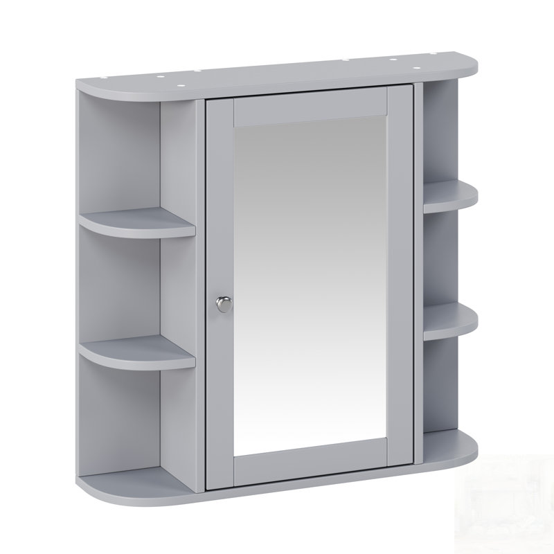 Bathroom Wall Storage Cabinet With Mirror, Adjustable Shelves, And 6 Open Shelves, Gray