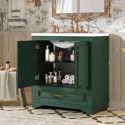 Meuble-lavabo de salle de bain en bois massif 30 po avec lavabo en céramique et portes à fermeture douce - Rangement et style | Idée cadeau
