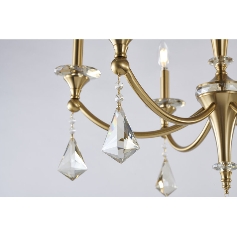 Traditional 6 Light Satin Brass Crystal Chandelier, Satin Brass, Champagne