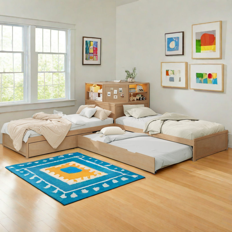 L-Shaped Daybed With Trundle And Drawers, Natural