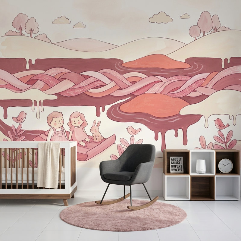 Papier peint paysage fantaisiste rose pastel Illustration de livre mural amovible, Non tissé, 200 po x 120 po