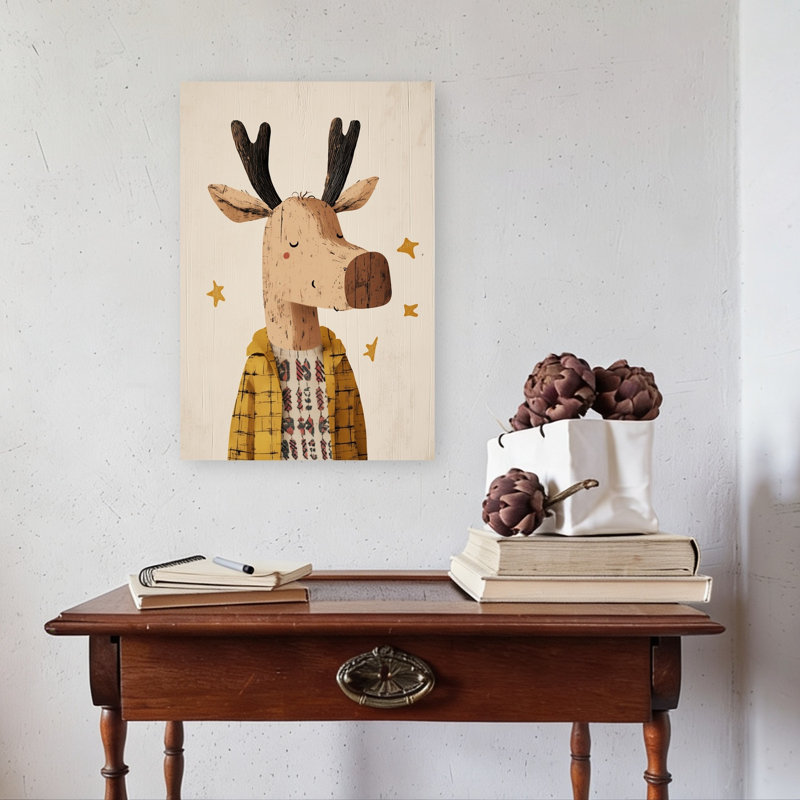 Cozy Winter Moose Abstract Contemporary Deer Forest Landscape Wall Art Print by Mathieu - Wrapped Canvas Print