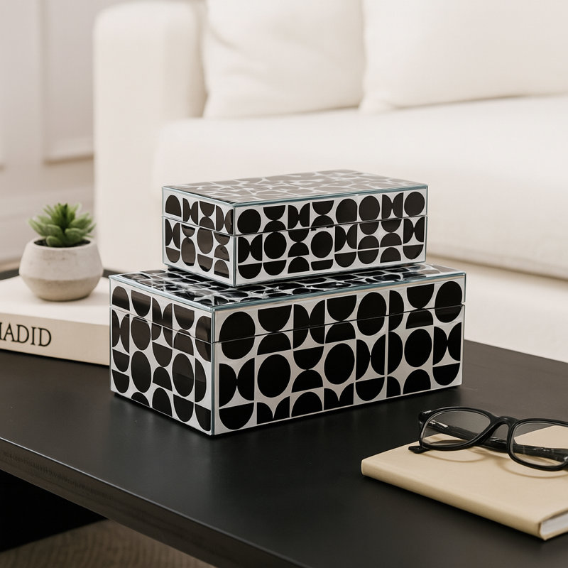 Decorative Box with Lid for Home - Decorative Storage and Organizer Keepsake Box with Abstract Pattern - Modern Print Boxes for Jewelry, or Trinkets in Living Room, Bedroom, or Office - Set of 2, 11", Black