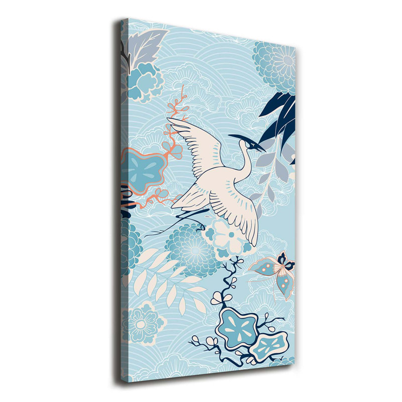 Crane And Flowers - Wrapped Canvas Print