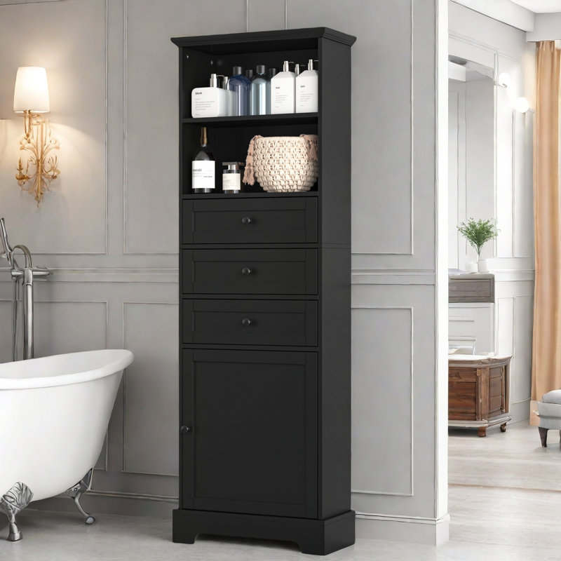 Gloretta Cabinet Narrow Bathroom Storage Cabinet With 3 Drawers, Adjustable Shelves And 2 Open Shelves, Black