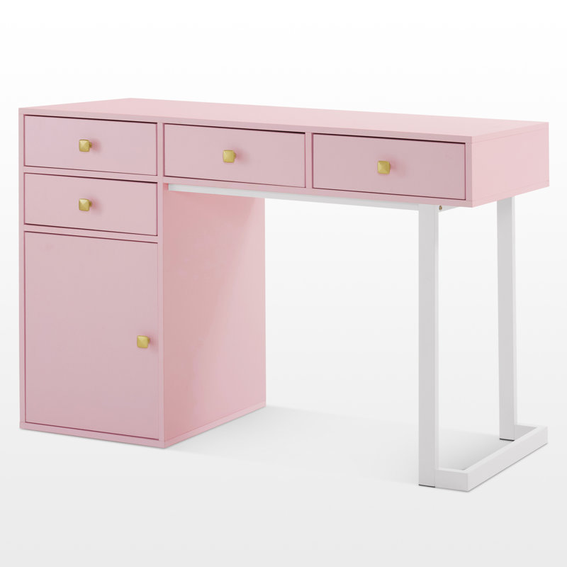 Arbadella Vanity Makeup Desk, Rectangle Accent Manicure Table with Cabinet, Pink/White