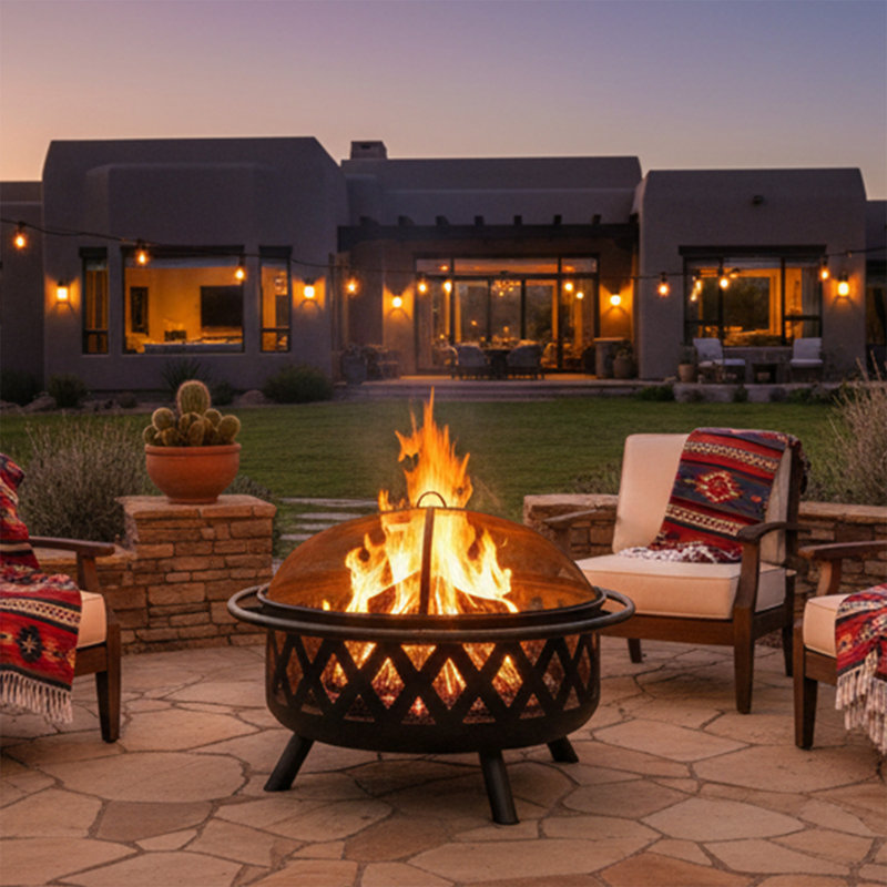 Jahidul Crossweave Round Wood-Burning Steel Outdoor Fire Pit with Screen, 24" H x 36" W x 36" D, Black