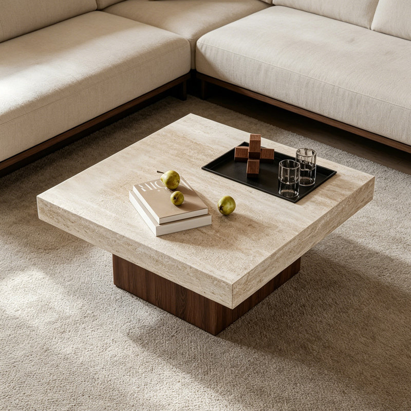 Table basse carrée en ardoise avec plateau Living, H 13,77 po x L 31,49 po x l 31,49 po, Beige