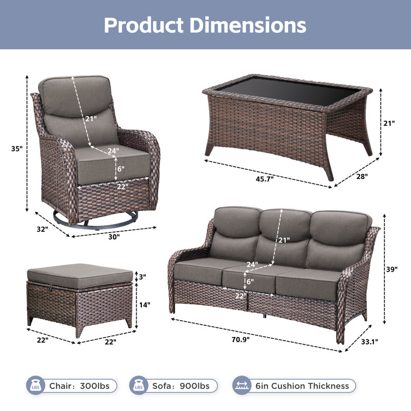 7-9 Person Outdoor Wicker Patio Conversation Set With Swivel Chairs And Coffee Table, Brown, Gray