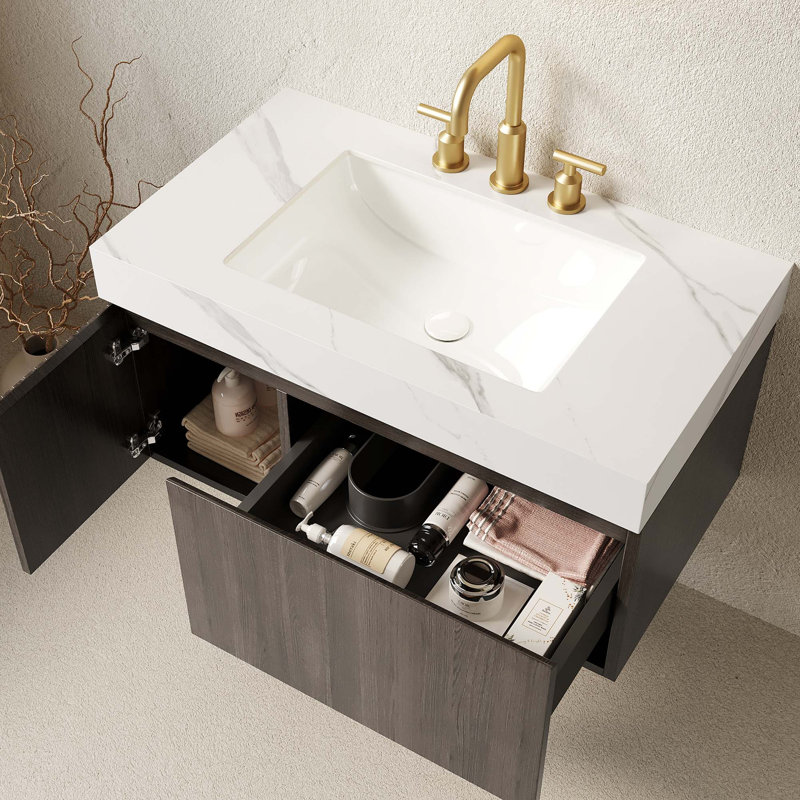 Meuble-lavabo flottant avec plateau en pierre frittée et armoire pré-assemblée, Espresso, 36", Blanc de Carrare