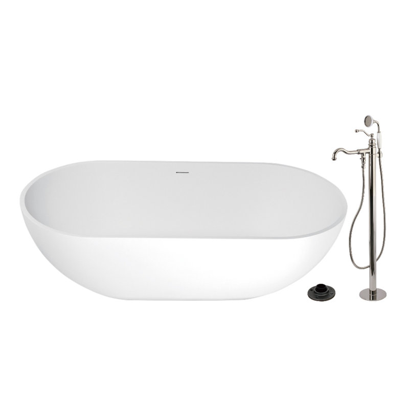 Kingston Brass Arcticstone 70-Inch Solid Surface Oval Double Ended Freestanding Tub With Faucet Combo And Drain