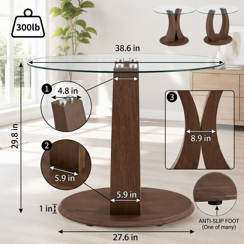 2-in-1 Modern Round Glass Dining Table, 39" Pedestal Kitchen Table with Adjustable Curved Wood Base, 4 Person Space Saving Dining Room Table