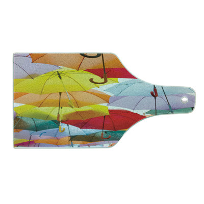 Ambesonne Colorful Tempered Glass Cutting Board Hanged Vivid Umbrellas Multicolor