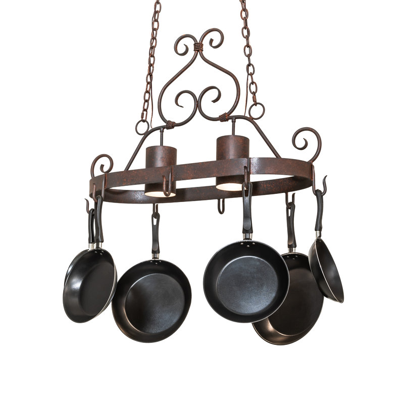 Rustic Red Rust Metal Oval Hanging Pot Rack with Lights