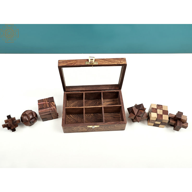 Handmade 6-in-1 Wooden Puzzle Games Set – Premium Indian Wood & Glass, Educational Family Game Collection & Decorative Gift Box, 7-Inch