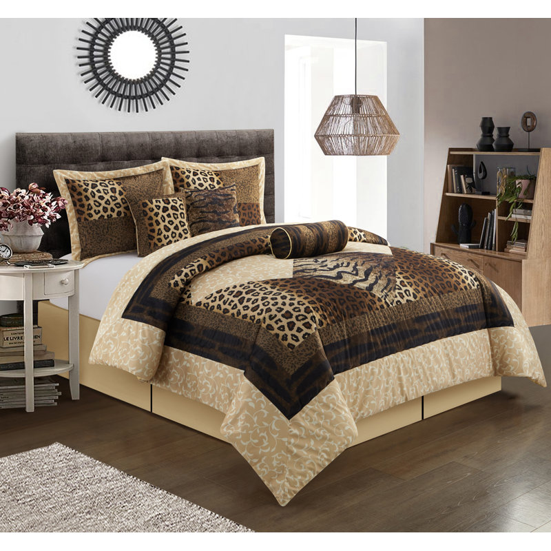 Tucson 7 Piece Leopard Print Comforter Set, Beige/Brown/Black, Queen Comforter + 6 Additional Pieces