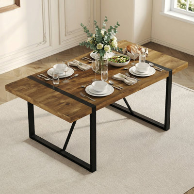 71" Rectangular Modern Farmhouse Dining Table, Industrial Wood Kitchen Table with Black Metal Inlaid Legs, Seats 8