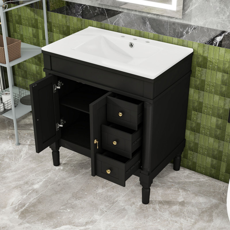 Meuble-lavabo de salle de bain avec 3 tiroirs et tablette ajustable en U, Noir