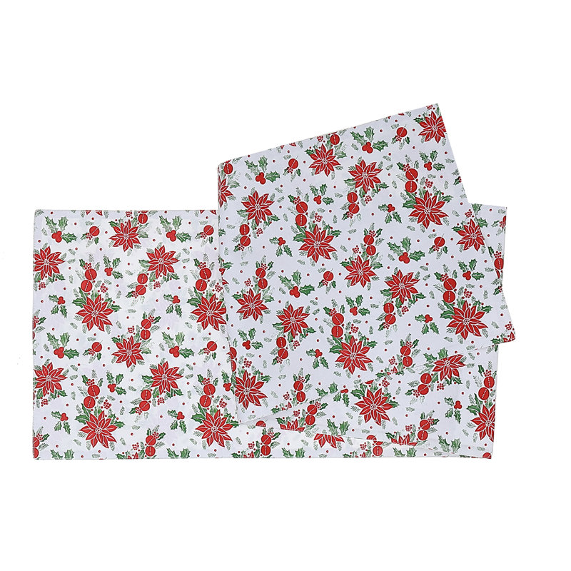 Festive Red Poinsettia Cotton Table Runner Set