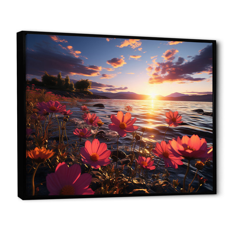 Coucher de soleil sur le champ de fleurs sauvages, H 34 po x l 44 po x P 1,5 po, Cadre flottant noir