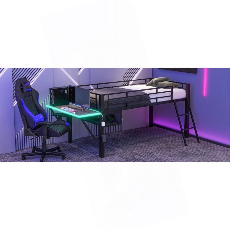 Lit mezzanine avec bureau Gaming, DEL, simple, noir