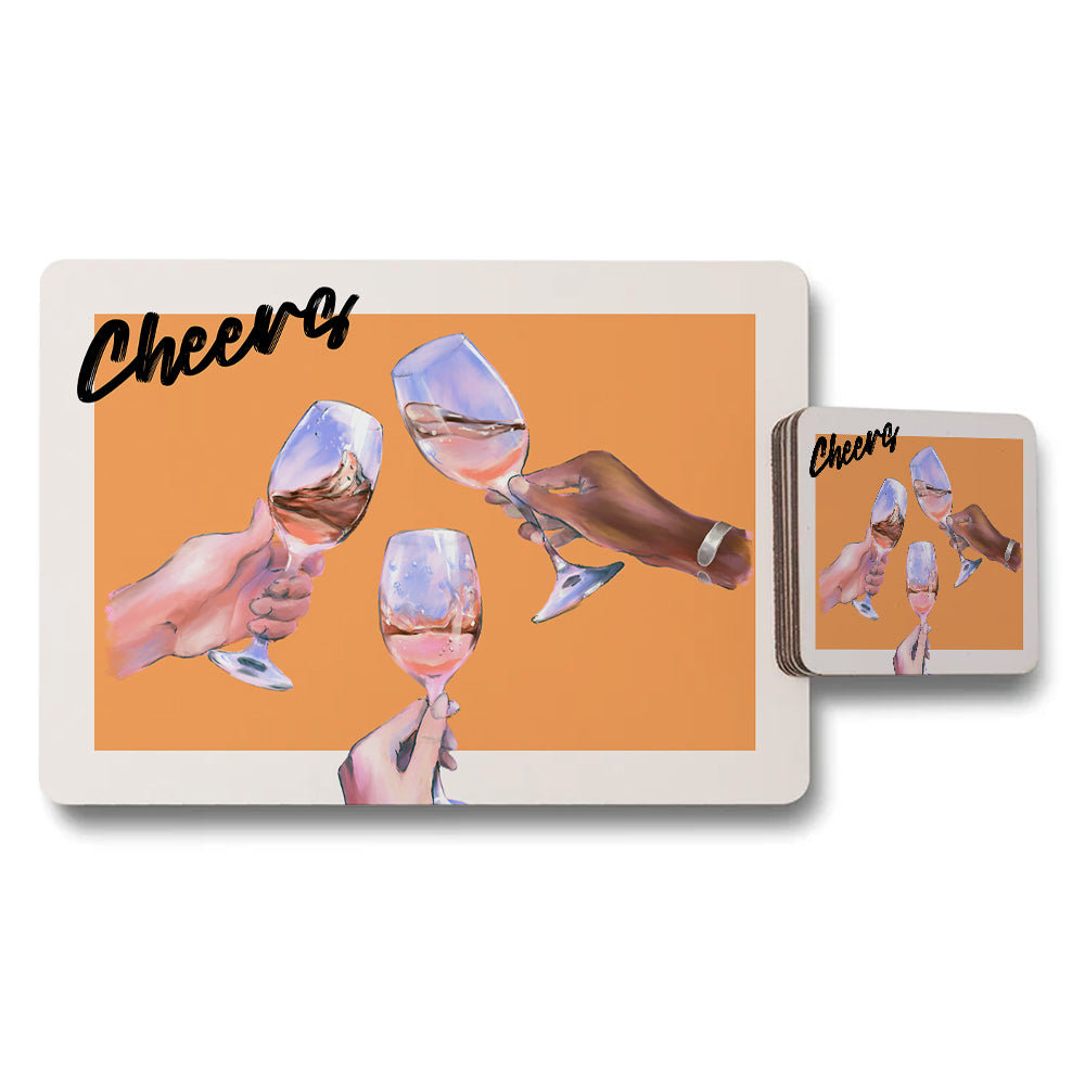 Cheers Placemats And Coaster Set With Wine Glass Celebration Design