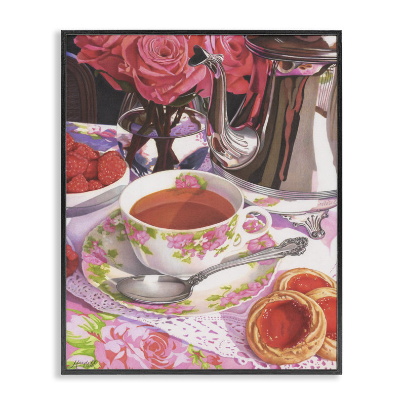 Thé et fraises par Mardell Schuster, H 30 po x l 24 po, Giclée encadrée noir minuit