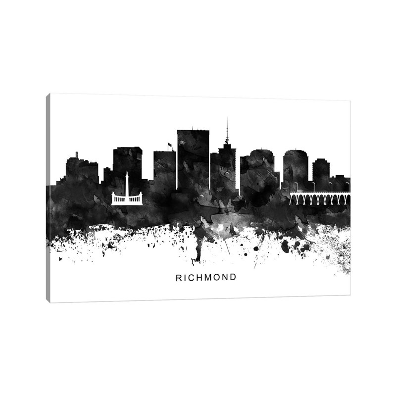 Richmond Skyline Black & White by WallDecorAddict - Wrapped Canvas Print, 20.32cm H x 30.48cm W x 1.91cm D