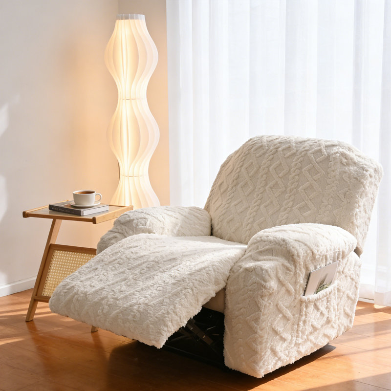 4-Piece Recliner Cover Set, Geometric Jacquard Plush Slipcover with Anti-Slip Bottom – Soft Fuzzy Furniture Protector for Sofa & Recliner, Pet and Kid Friendly (Fits up to 22" Seat)