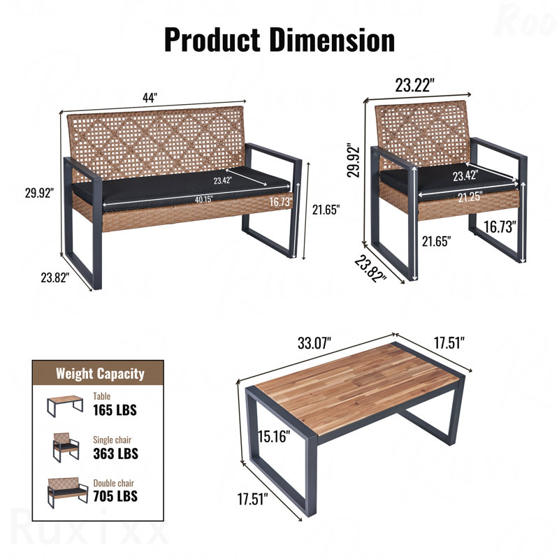 4-Piece Patio Furniture Set Black Outdoor Balcony Porch Garden Backyard Lawn Furniture Acacia Wood Table Top Morden And Light Brown