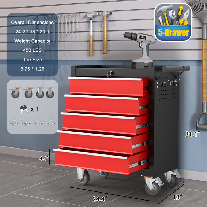 31.1'' Tool Box With 4 Rolling Wheels, 5-Drawer Metal Storage Chest (BlackRed), Black/Red