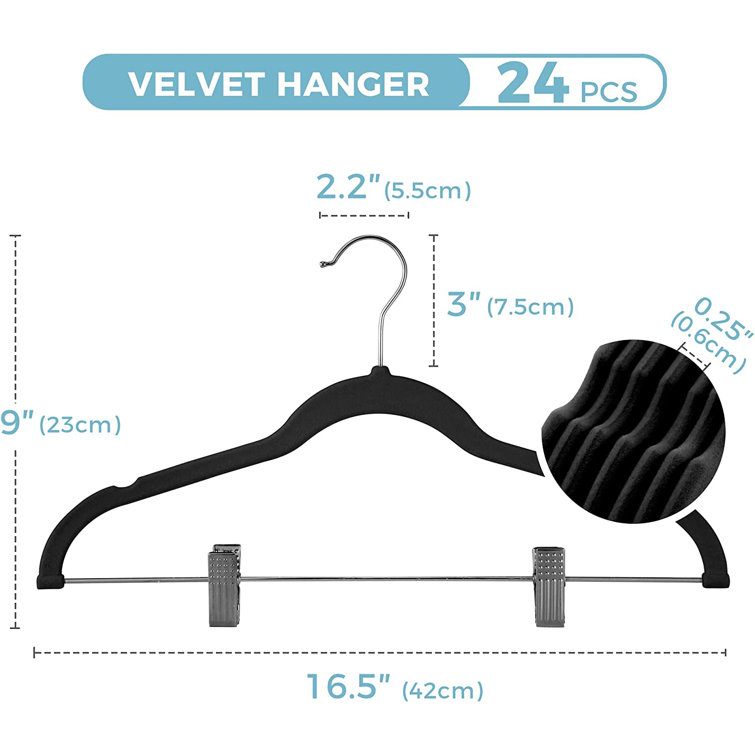 Velvet Hangers Non Slip Flocked Black x 30 Heavy Duty With Trouser & Tie  Bar