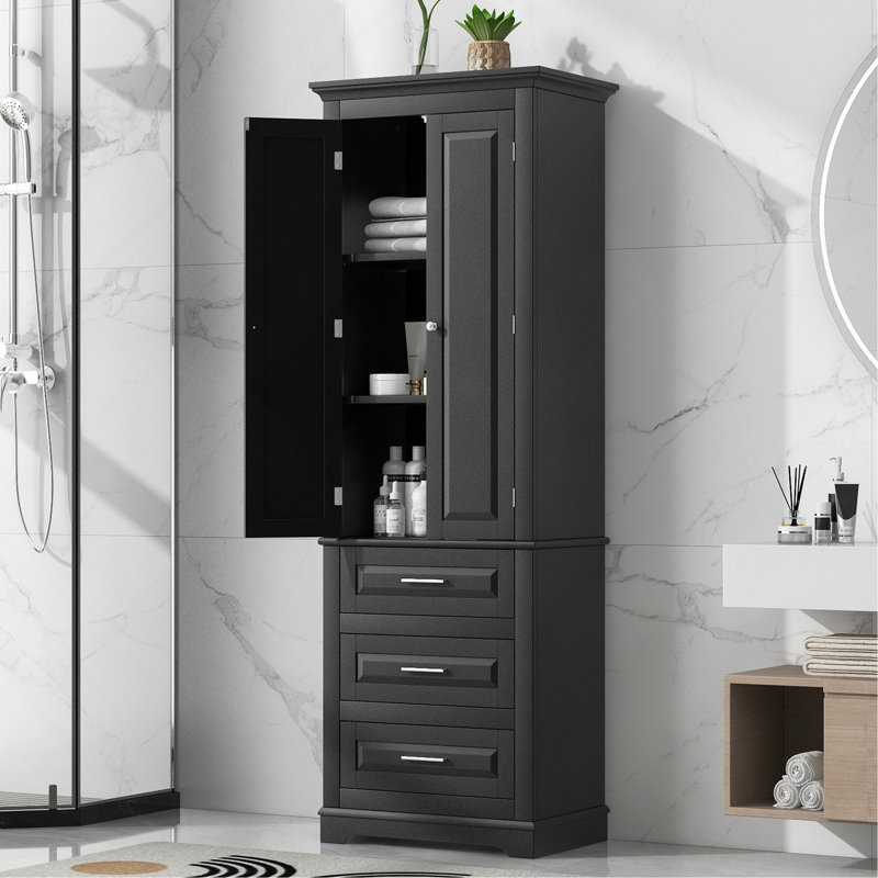 Tall Storage Cabinet with Three Drawers for Bathroom/Office, Black, Black