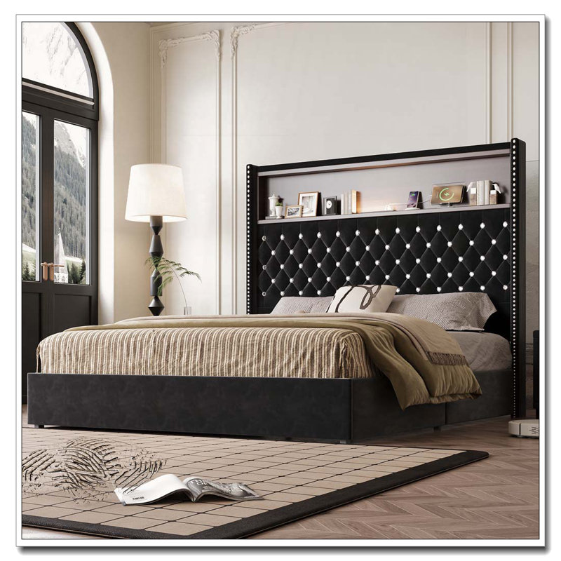Cadre de lit doux en velours capitonné avec port USB et veilleuse, tête de lit haute 52 po avec rivets, Noir, Grand