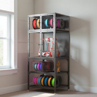 Armoire pour imprimante 3D avec support de rangement pour filament pour imprimante 3D à double couche, barre de filament en forme de T et anti-bruit, conception anti-poussière, convient pour le studio, le rangement de bureau et l'organisation