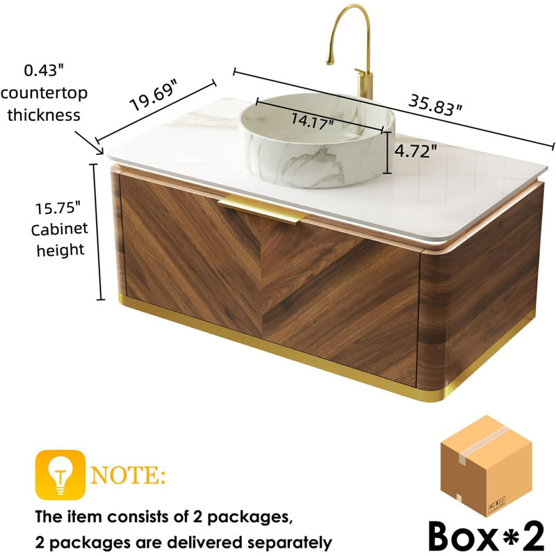 Meuble-lavabo 36 po avec lavabo, tiroir et capteur de lumière, comptoir en pierre frittée blanche et lavabo en céramique, pré-assemblé