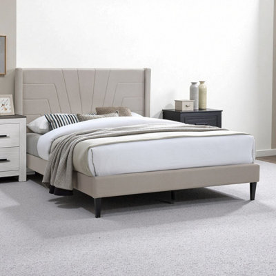 Lit tapissier grand moderne brun clair avec tête de lit en toile de jute - Base de lit plateforme contemporaine pour chambres